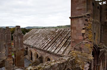 Nave roof of the abbey church, viewed from the south tower. Ruins of Melrose Abbey, Melrose, Scotland.