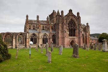 View of the abbey church from south. Ruins of Melrose Abbey, Melrose, Scotland.