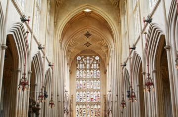 View east in the Perpendicular Gothic nave of Bath Abbey, c.1500-35. Bath, Somerset, England.