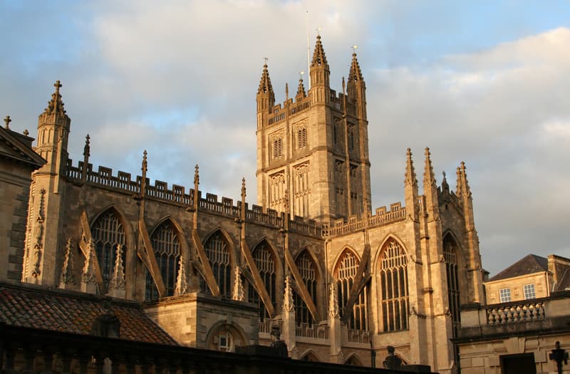 Evening view of Bath Abbey from southwest, c.1500-35. Bath, Somerset, England.