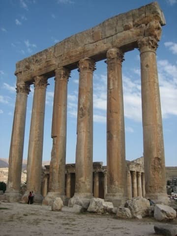 The six remaining columns of the Temple of Jupiter, with the Temple of Bacchus in the background.