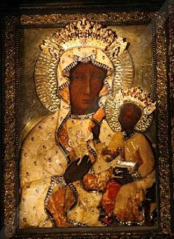 The holy icon of Our Lady of Częstochowa dressed in special robes.