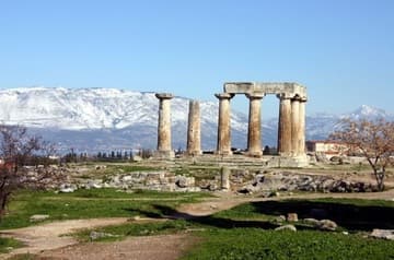 Temple of Apollo and snow-capped mountains in January.