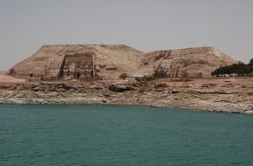 View from the Nile of the Ramses II Temple (left) and Nefertari Temple (right) at Abu Simbel.