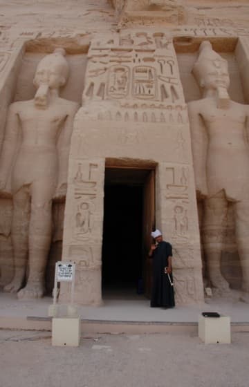 The Temple of Nefertari (1264 AD) at Abu Simbel, carved in the rock by Ramses II and dedicated to Hathor, the goddess of love and beauty, and to his favorite wife Nefertari. The facade is adorned by six statues, four of Ramses II and two of Nefertari. Unusually, the six are the same height, which indicates the esteem in which Nefertari was held.