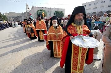 Greek Orthodox procession outside the Church of the Nativity.