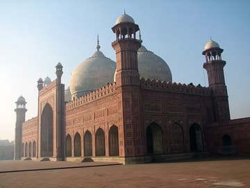 Red sandstone exterior of Badshahi Mosque.