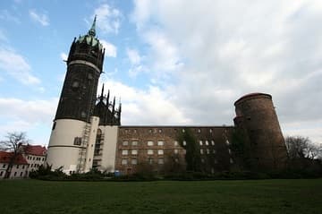 View from the west of the Castle Church (left) and what remains of the castle (right).