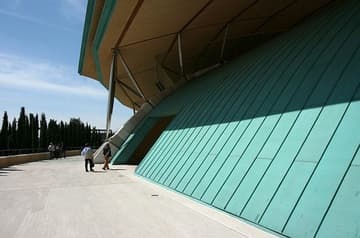 The spaceship-like outer wall of the Padre Pio Pilgrimage Church.