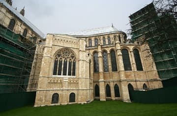 Exterior view of the recently cleaned St. Anselm's Chapel and south ambulatory around the Trinity Chapel, both Romanesque (1175-1200).