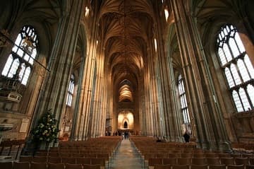 The 15th-century Gothic nave of Canterbury Cathedral, looking east.