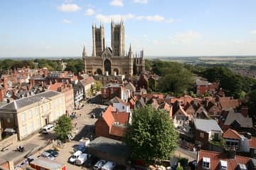 View of Lincoln Cathedral and the Cathedral Quarter from the observatory tower of Lincoln Castle.