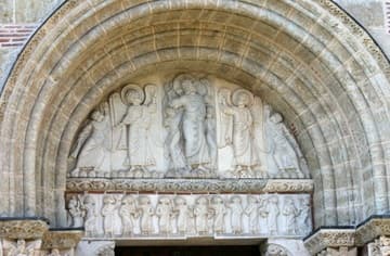 Tympanum of the Porte Miegeville depicting the Ascension of Christ.