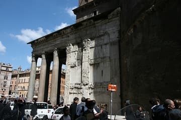 West side of the great Pantheon in Rome. The first temple on this site was founded in 27 BC by Marcus Agrippa, who is given credit for the building on the portico inscription. But the Pantheon was completely reconstructed in 125 AD by Hadrian, a cosmopolitan emperor who had traveled widely in the East. Hadrian himself is credited with the basic plan, an architectural design that was unique for the time.