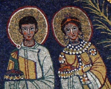 Saints Valerian and Cecilia in the 9th-century apse mosaic.