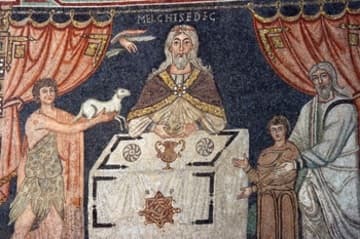 The right wall shows three Old Testament figures who made sacrifices to God: Abel with his perfect lamb, Melchizedek at a table with his bread, and Abraham with his son Isaac. The theme of sacrifice is related to the Eucharist, which was performed at the high altar beneath the mosaic.