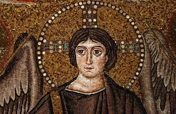 Detail of San Vitale's apse mosaic, dating from 526-47 AD. It depicts a youthful, clean-shaven Christ the Redeemer sitting on the sphere of the world, flanked by San Vitale (who is being handed a martyr's crown), two angels, and Bishop Ecclesius, who founded the church.