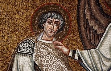 Detail of San Vitale (St Vitalus) in the apse mosaic of San Vitale Basilica, dating from 526-47 AD.