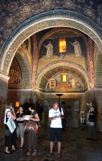 Interior view from the entrance, with sarcophagi and splendid mosaics.
