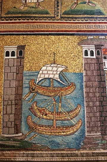 Mosaic depicting boats at the ancient port of Classis (or Classe), originally founded by Augustus in c.30 BC. Detail of mosaic on the north wall of the nave at the west end of Sant' Apollinare Nuovo, Ravenna. The mosaic dates from c.500 AD under the Ostrogothic ruler Theodoric. The wall in front of the port city was originally occupied by portraits of Thedoric and his court, but these were removed after Catholics took over the basilica in c.560.