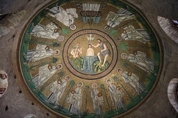 Ceiling mosaic of the Baptism of Christ surrounded by apostles.