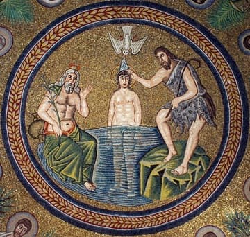 Detail of ceiling mosaic, depicting the Baptism of Christ surrounded by apostles.