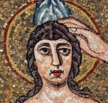 Detail of a youthful-looking Jesus being baptized by John the Baptist.