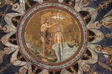 The Baptism of Christ by John the Baptist in the River Jordan.