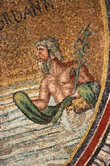 Personification of the River Jordan, with reed and garment for Jesus.