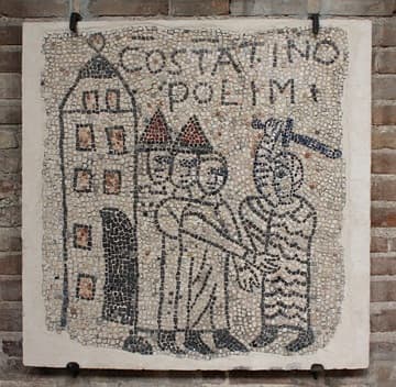 Fragment of Romanesque mosaic floor (1213 AD) in San Giovanni Evangelista, Ravenna, showing the fall of Constantinople to the Crusaders in 1204.