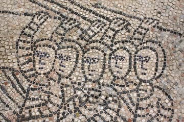 Fragment of Romanesque mosaic floor (1213 AD) in San Giovanni Evangelista, Ravenna, depicting Crusaders of the Fourth Crusade (1199-1204).