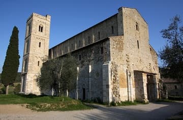 View from northwest of the Abbey of Sant'Antimo in Tuscany. Said to have been founded by Charlemagne in 781, the present abbey church dates from 1118.