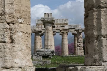 A mountain view through the Temple of Hera.