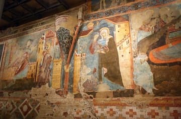 Fresco of the Annunciation, Visitation and part of the Nativity (c.1280) in the "crypt" of Siena Cathedral. The large room was built and frescoed in the 13th century, abandoned in the early 14th century, and not rediscovered until 1999.