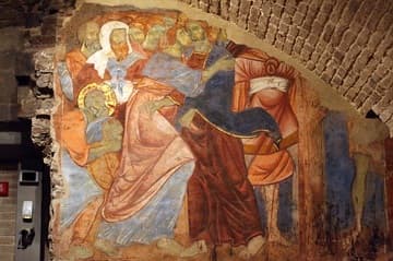 Fresco of the Kiss of Judas (c.1280) in the "crypt" of Siena Cathedral. The large room was built and frescoed in the 13th century, abandoned in the early 14th century, and not rediscovered until 1999.