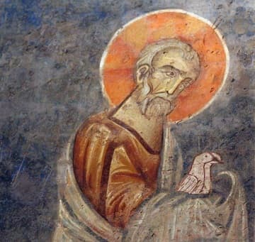 Fresco of a saint with two doves (c.1280) in the "crypt" of Siena Cathedral. The large room was built and frescoed in the 13th century, abandoned in the early 14th century, and not rediscovered until 1999.
