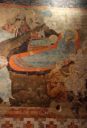 Fresco of the Nativity of Christ and his first washing (c.1280) in the "crypt" of Siena Cathedral. The large room was built and frescoed in the 13th century, abandoned in the early 14th century, and not rediscovered until 1999.