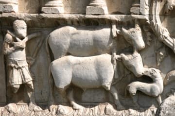 A man driving a yoke of oxen, representing the labors of earthly life.