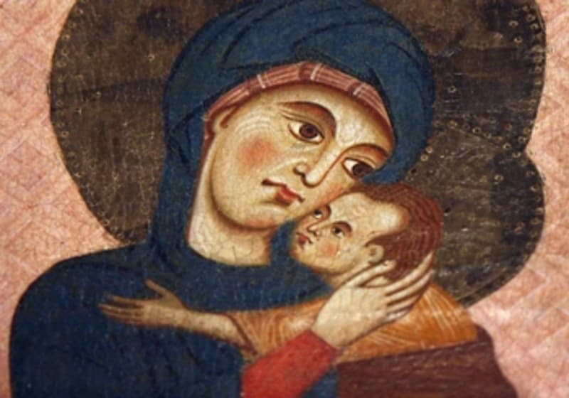 Detail of Virgin and Child on an Umbrian altarpiece of the 13th century.