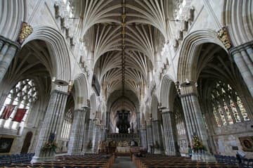 The impressive interior of Exeter Cathedral, with the longest Gothic ceiling in the world.