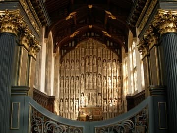 Interior of All Souls College Chapel, with impressive stone reredos.