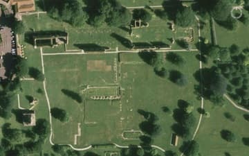 Aerial view of the ruins of Glastonbury Abbey.