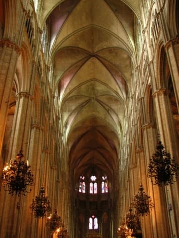 The exceptionally long and beautiful nave of Bourges Cathedral.