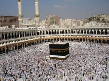 Pilgrims crowd around the Ka'ba during the Hajj.