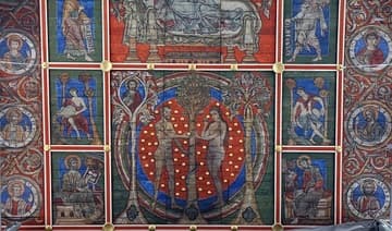 The painted wooden ceiling of the nave is a rare and beautiful survival, dating from 1230. It survives thanks to its removal in 1943 before wartime bombing destroyed much of the church. Comprised of 1,300 oak boards covering an area 27.8m long by 8.7m wide, it depicts the Tree of Jesse (the family tree of Christ). Also pictured are 42 medallions of the ancestors of Christ, Adam and Eve, the Four Evangelists, and the Rivers of Paradise. The area showing Christ enthroned is the only part that is not original - that section of the ceiling collapsed in 1650 and was remade in 1960.