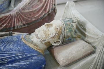 Detail of the polychrome tomb of Henry II Plantagenet (d. 1189), King of England and Count of Anjou. Next to him is the tomb of his queen, Eleanor of Aquitaine (d. 1204). Nave of the abbey church, Abbey of Fontevraud, Loire Valley, France.