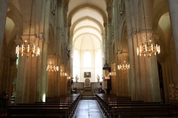 The lovely cream-colored nave, looking east.