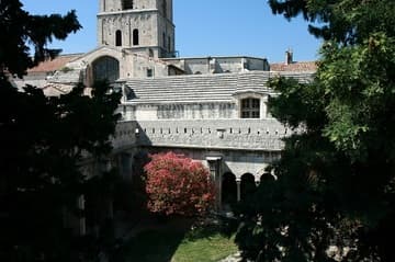 View over the cloister from the upper level, looking north toward the church, 12th century. Saint-Trophime, Arles, France.