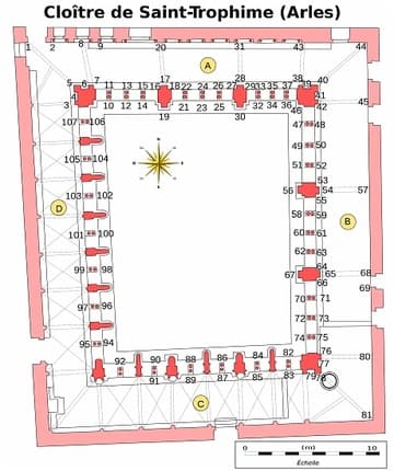Plan of capitals and other sculptures in the cloister.