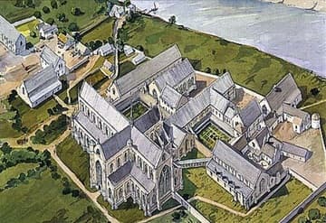 Aerial reconstruction of Tintern Abbey. Postcard image